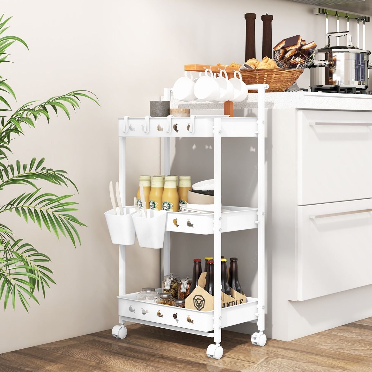 Coast Aufbewahrungswagen – 3 Ebenen – mit Haken und Bechern – weiß 42 x 29 x 83 cm