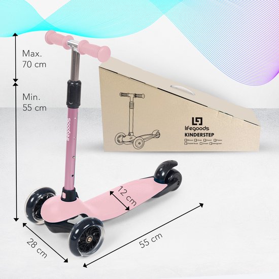 LifeGoods - HappyStep - Kinder-Roller - Schritt 2-5 Jahre - 3 leuchtende LED-Räder - höhenverstellbar - Jungen/Mädchen - Pastellrosa