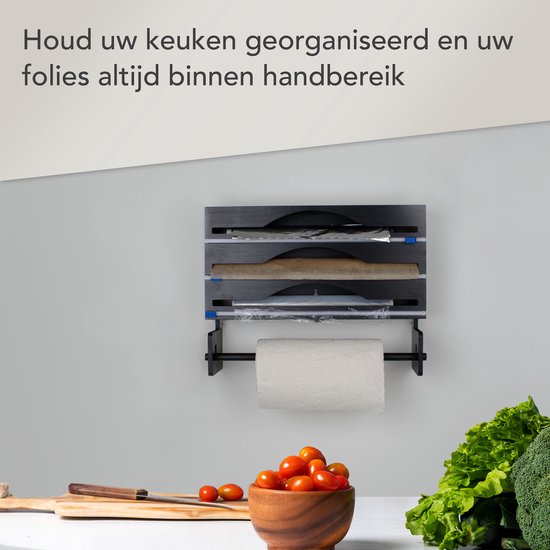 Nimma Rollenhalter - Küchenrollenhalter und Folienhalter in 1 - Inkl. Aufhängesystem und Folienschneider - Geeignet für 3 Folienrollen - Bambus - Schwarz