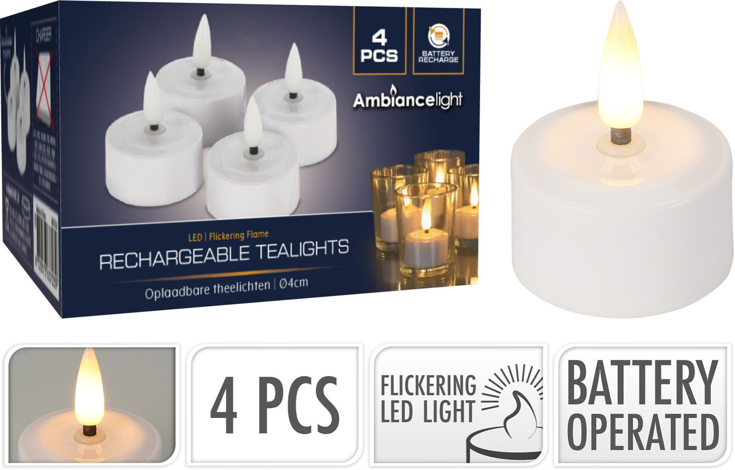 Ambiance - Teelichter LED Box 4 Stück - Wiederaufladbar - Erweiterungsset - OHNE Ladegerät