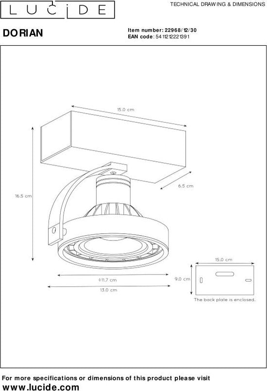 Lucide DORIAN - Deckenstrahler (Deckenleuchte) - Ø 11,7 cm - LED Dim to warm - GU10 (ES111) - 1x12W 2200K/3000K - Schwarz