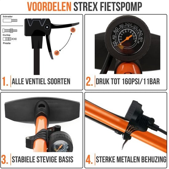 Strex Fahrradpumpe - Druckmesser - 11 Bar - Ballpumpe - Orange