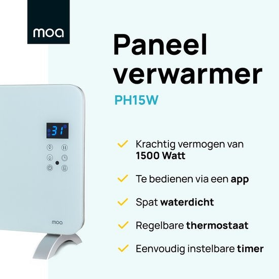 MOA Smart Glass Panel Heater with WiFi - Elektrische Heizung - Konvektorheizung - Flächenheizung - Tragbare Heizung - Weiß - PH15W