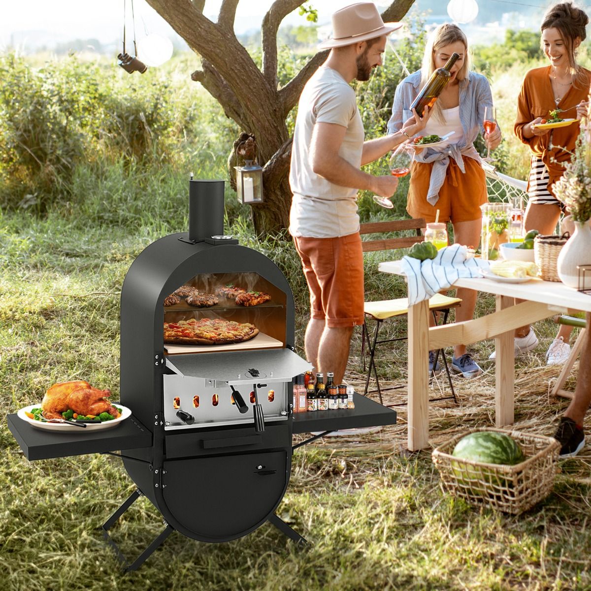Coast Holzbefeuerter Pizzaofen für draußen - Schwarz - 98 x 31 x 98 cm - Inklusive Pizzastein, Pizzaschaufel und Schutzhülle