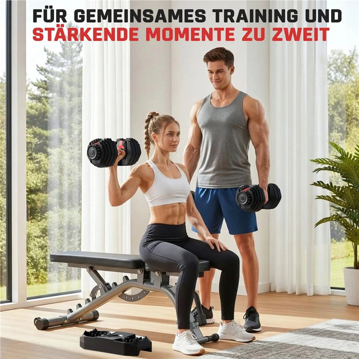 Yaheetech Verstellbares Hantelset 2,5–24 kg – 15-in-1-Schnellverstellung – Schwarz/Rot – 42 × 21,5 × 22 cm