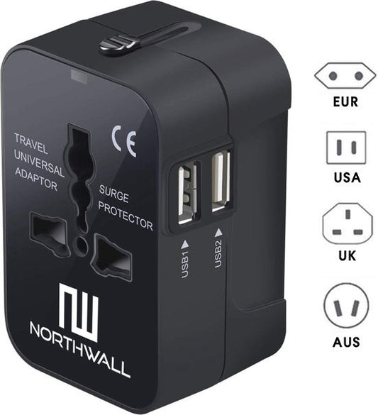 Northwall Universal World Plug mit 2 Schnelllade-USB-Anschlüssen - Internationaler Reisestecker für 150+ Länder - England, Amerika, Südafrika, USA, Italien, Großbritannien, Australien, Indien, ...