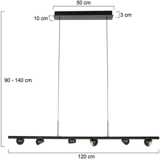 Schwarze Hängeleuchte Marcadore, 120 cm breit, 6-flammig, mit drehbaren Reflektorkugeln, höhenverstellbar, von Steinhauer, aus Kunststoff und Metall, im modernen Retro-Stil, für den Innenbereich