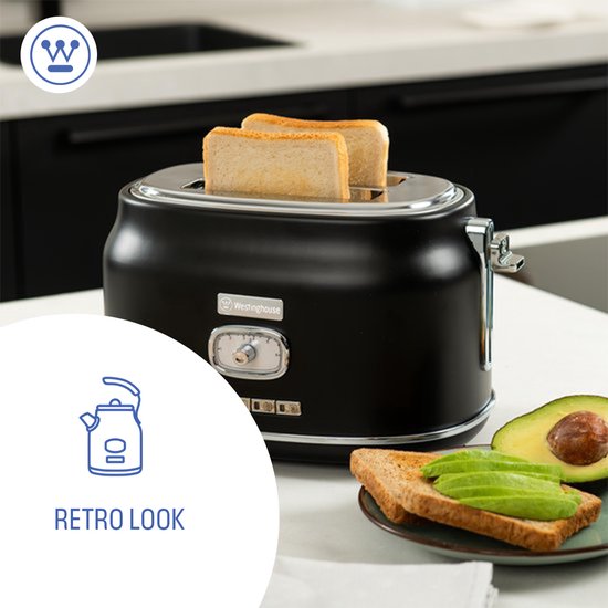 Westinghouse Retro-Toaster - 2 Scheiben - Extra breite Schlitze - Warmhaltegestell - 815W - Schwarz