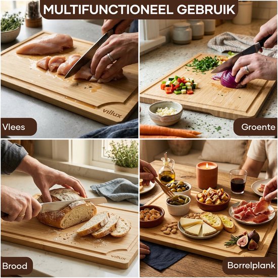 Villux Schneidebrett – Schneidebrett-Set – Schneidebrett aus Holz – Schneidebretter – Schneidebrett aus Bambus – Holzschneidebrett – Tapas-Brett – Snack-Brett – Servierbrett – Häppchenbrett – Inklusive E-Book - 3 Stück - Bambus