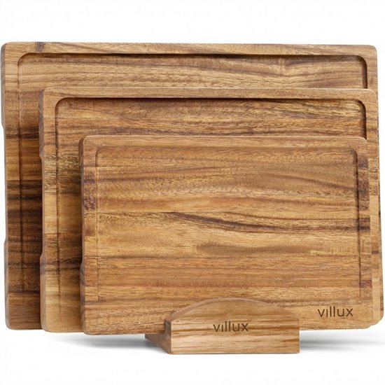 Villux Schneidebrett – Schneidebrett-Set mit Halterung – Schneidebrett aus Holz – Schneidebretter – Schneidebrett aus Akazienholz – Holz-Schneidebrett – Schneidebrett-Set – Tapas-Brett - Snackbrett – Servierbrett – Häppchenbrett – Inklusive E-Book – 3 Stü