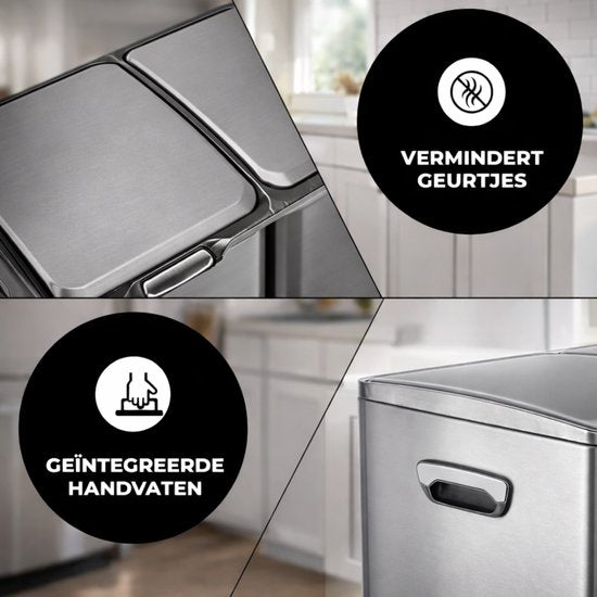 Bayt Mülleimer - Mülleimer 60 Liter - Mülleimer 60 Liter - Treteimer 60 Liter - Mülleimer Mülltrennung - Mülleimer 3 Fächer - Mülleimer - Edelstahl - Silber