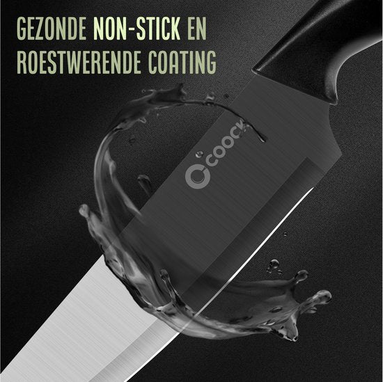 COOCK - Messerset mit Block und klappbarem Schneidebrett - Küchenmesser - Schere - Messerschärfer - 15-teiliges Küchenutensilien-Set im Messerblock - Edelstahl - mit 'Antihaft'-Beschichtung - Schwarz