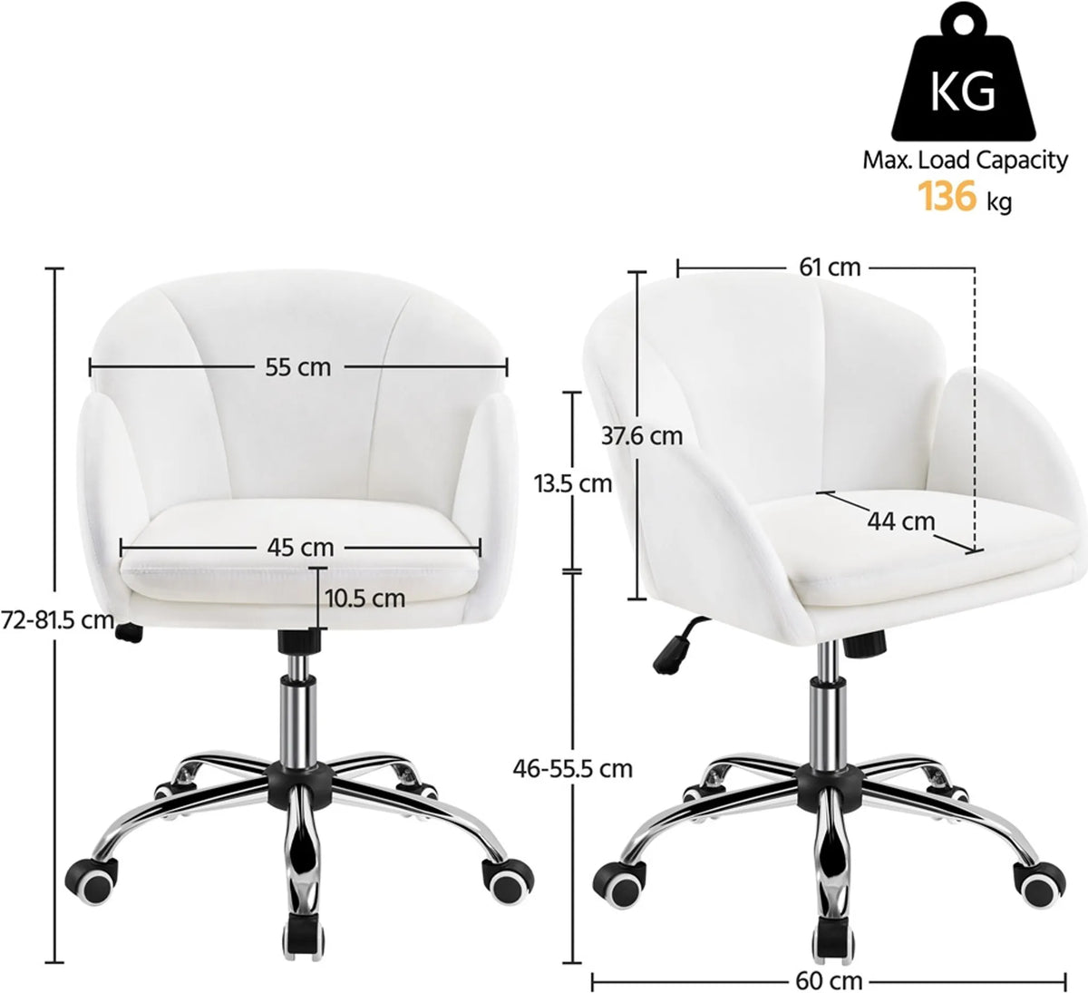 Yaheetech – Stilvoller Bürostuhl mit Blumenmuster, 72–81,5 cm – Schneeweiß – Polyester und Metall