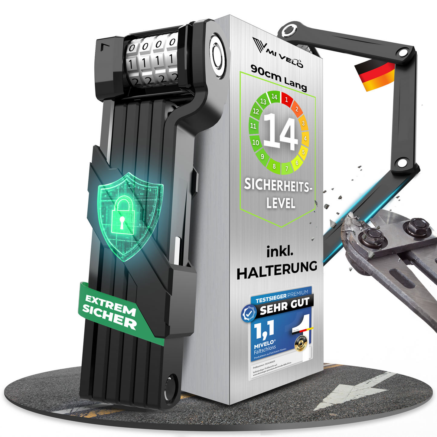 MIVELO Fahrradschloss NEXUS - Mit Zahlenschloss - Extrem robuster Edelstahl - 90 cm - Schwarz