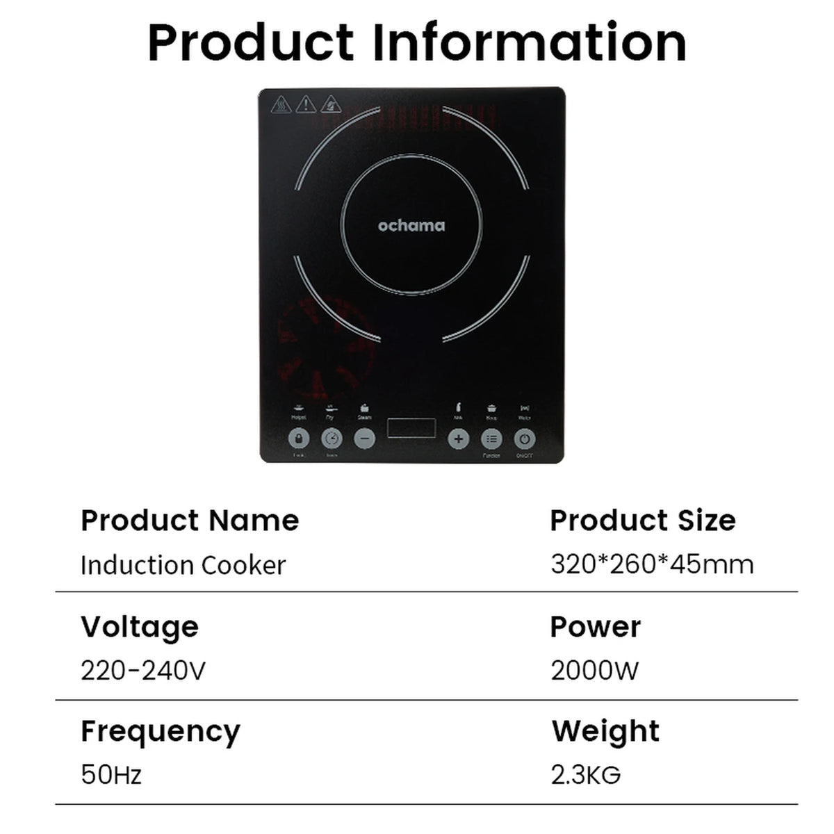 Ochama Induktionskochfeld CL-2302 – 2000 W – 1 Kochzone – 10 Leistungsstufen & 6 Kochfunktionen – Touch-Bedienung – Kindersicherung