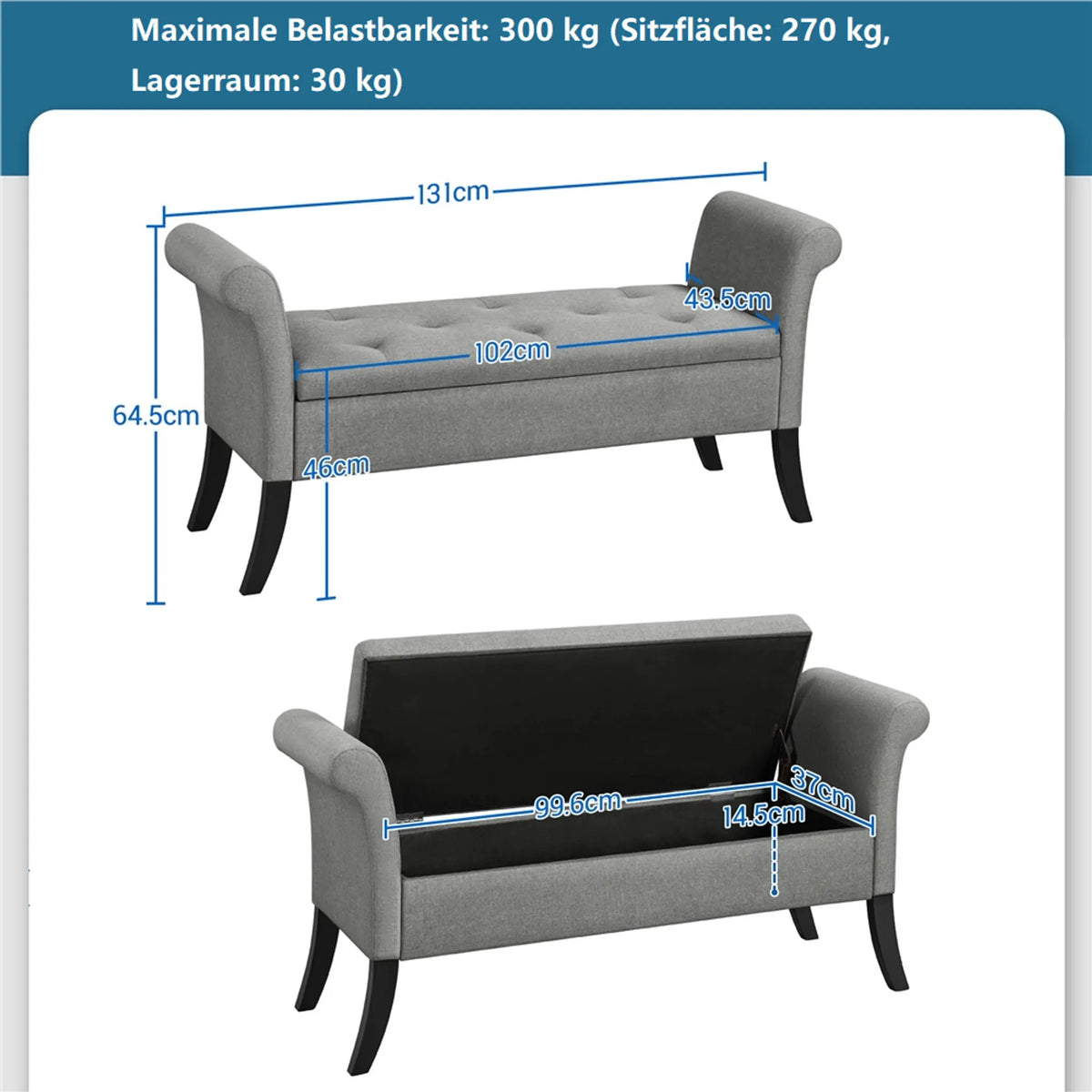 Yaheetech Sitzbank mit Stauraum und Armlehnen – 131 x 43,5 x 64,5 cm – Hellgrau