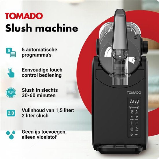Tomado TSM2002B - Slush-Maschine - Slushpuppy-Maschine - 5-in-1 Slush - Slush Puppy - 2 Liter Slush - bis zu 12 Stunden gefrorene Getränke - Touch Control Bedienung - Schwarz