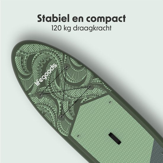 LifeGoods SUP Board All-round Compact - mit Sitz - 100 KG Tragfähigkeit - 300 x 76 cm - Aufblasbar - Komplettes SUP Paket - Grün/Leger Grün