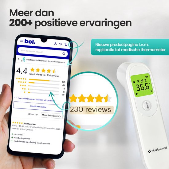 MostEssential Digitales Stirnthermometer – Temperaturmessgerät – Fieberthermometer für Erwachsene, Kinder und Babys – Berührungslos – HW05