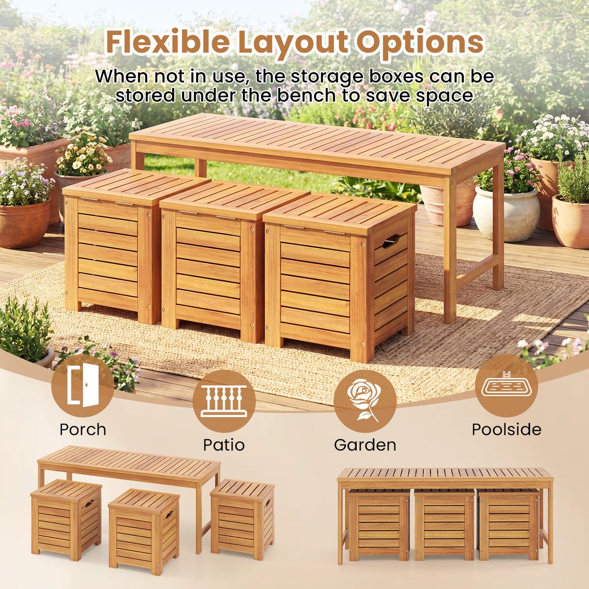 Coast Gartenbank mit Stauraum – 3 Staufächer – 115 x 45 cm – naturfarben