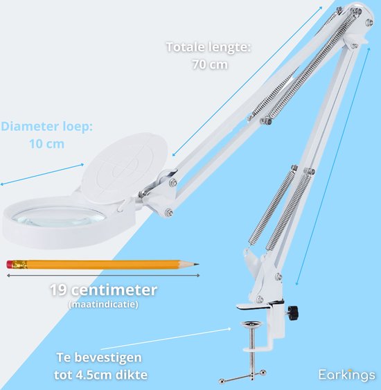 Earkings Lupe mit Beleuchtung - Lupe mit LED-Beleuchtung inklusive Tischklemme und 3 Lichtfarben - Lupe vergrößert 3x bis 10x und ist 360 Grad drehbar Weiß