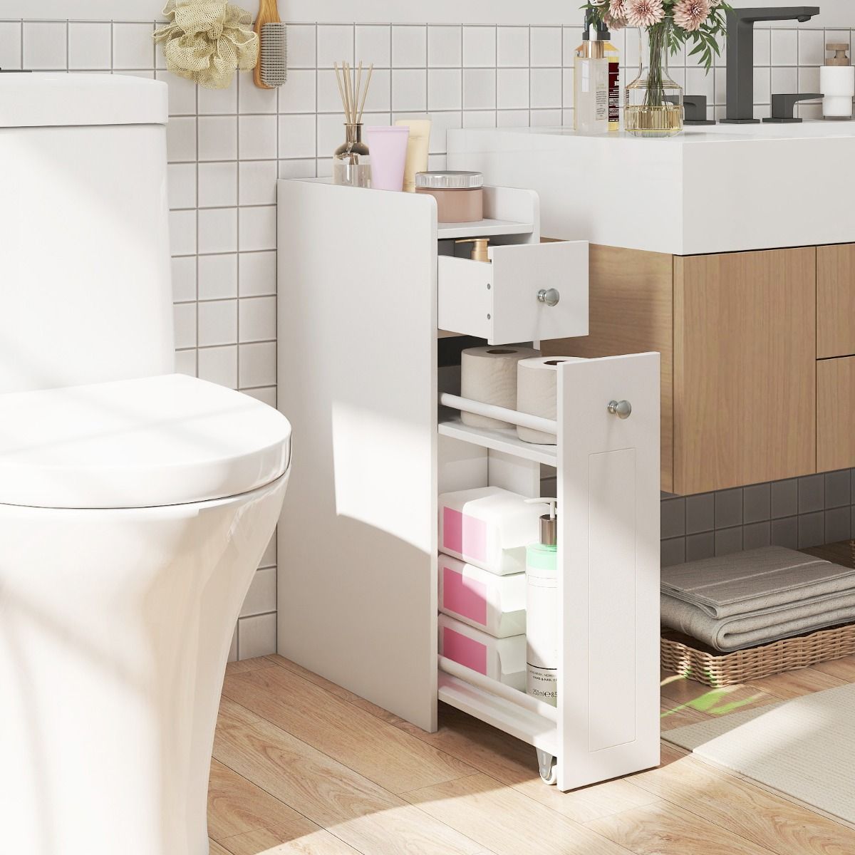 Coast Badezimmerschrank, schmal – 4 Ebenen – Ausziehbare Schubladen auf Rollen – Weiß 40 x 18 x 70 cm