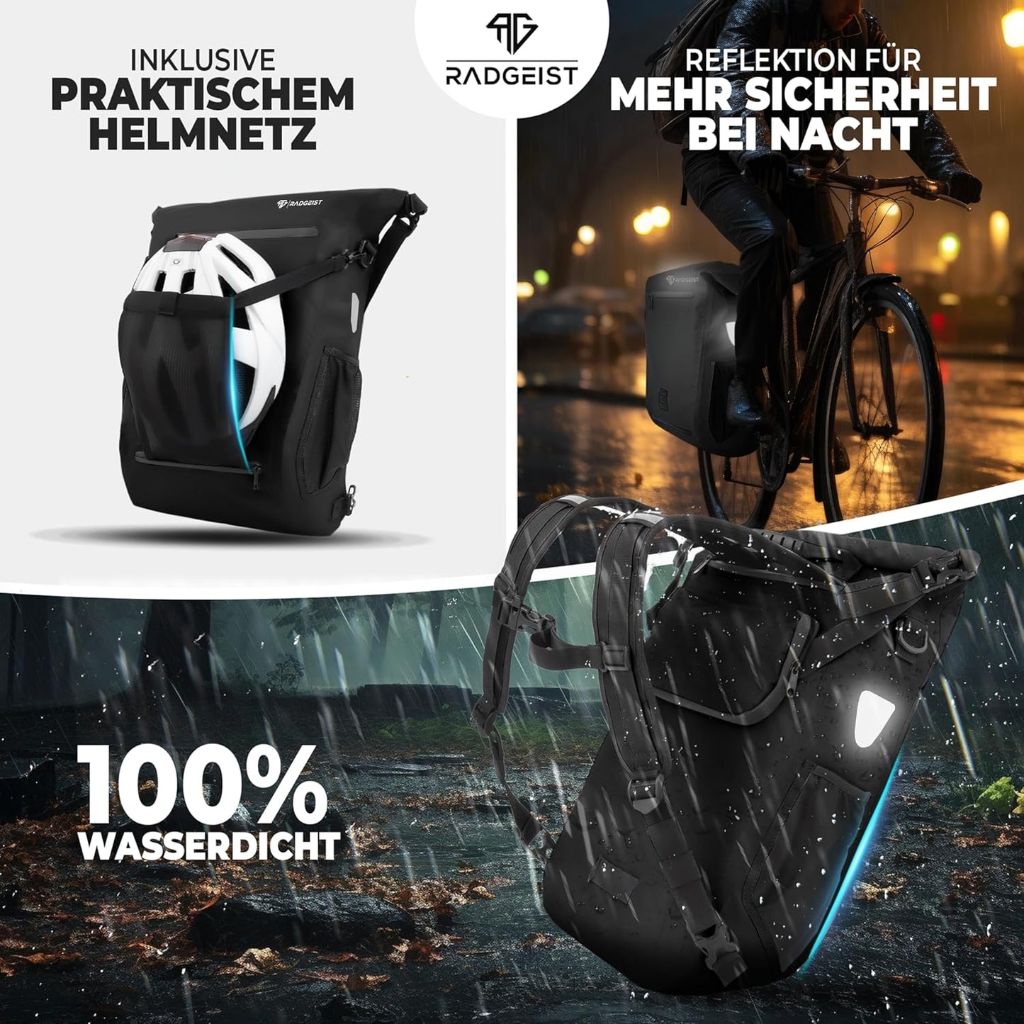 RADGEIST 3 in 1 Fahrradtasche - Für Gepäckträger - 18-22L - 100% wasserdicht - Schwarz