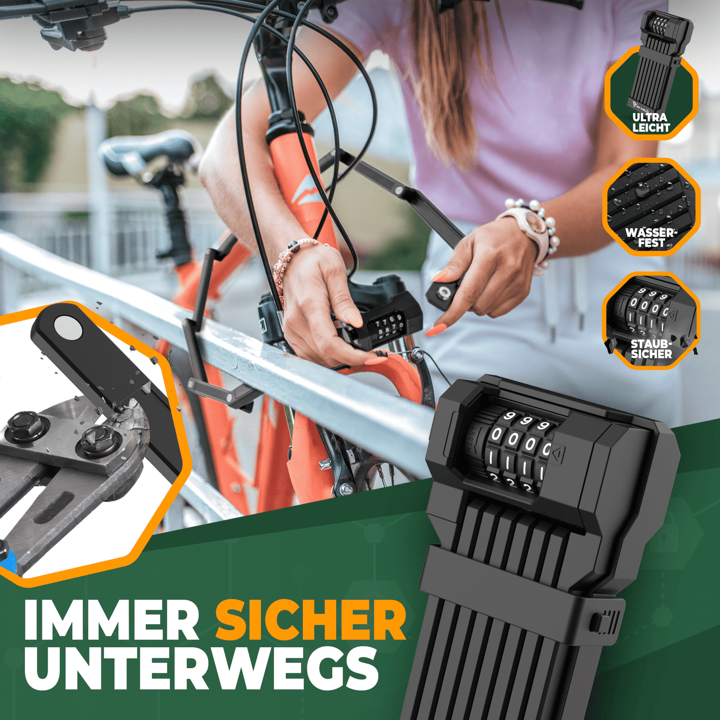 MIVELO - Faltschloss mit Zahlencode - Stahlkern - für Fahrräder & E-Bikes - 85cm