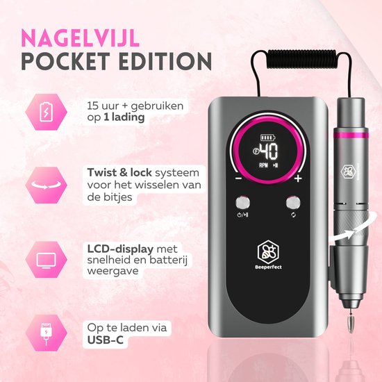 Beeperfect® Elektrische Nagelfeile Pocket Edition - Maniküre- und Pediküre-Set - 6000MaH Akku - Inklusive 26 Bits, 60 Schleifrollen und 5 Zubehörteile