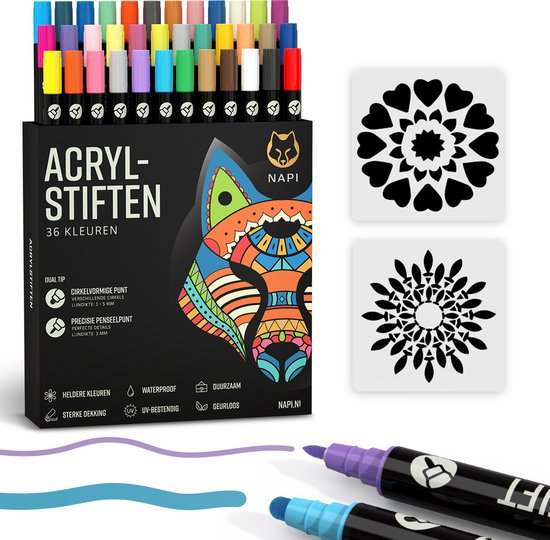 NAPI 36 Acrylmarker Dual Tip - Twinmarker - Malstifte Happy Stones - Steinmalerei mit Acrylmalstiften - Erwachsene und Kinder - Inkl. 2 Mandala-Schablonen