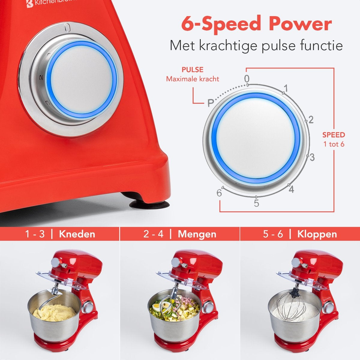 KitchenBrothers Küchenmaschine - Küchenroboter - 6L Rührschüssel - 1800W - Aluminium - Rot