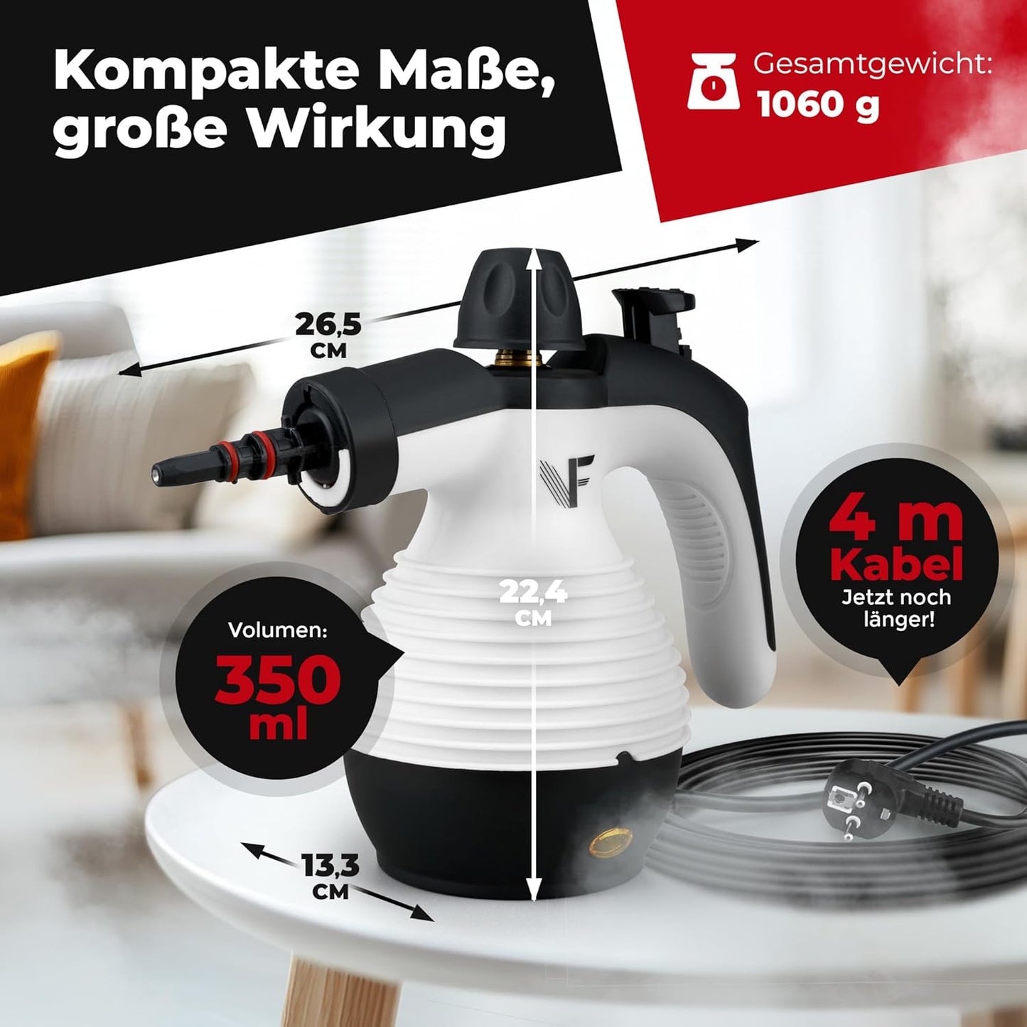 Neighbour's Friend - Dampfreiniger – Leistungsstark - 3,5 Bar - 4m Kabel - 350ml Tank - schwarz/weiß