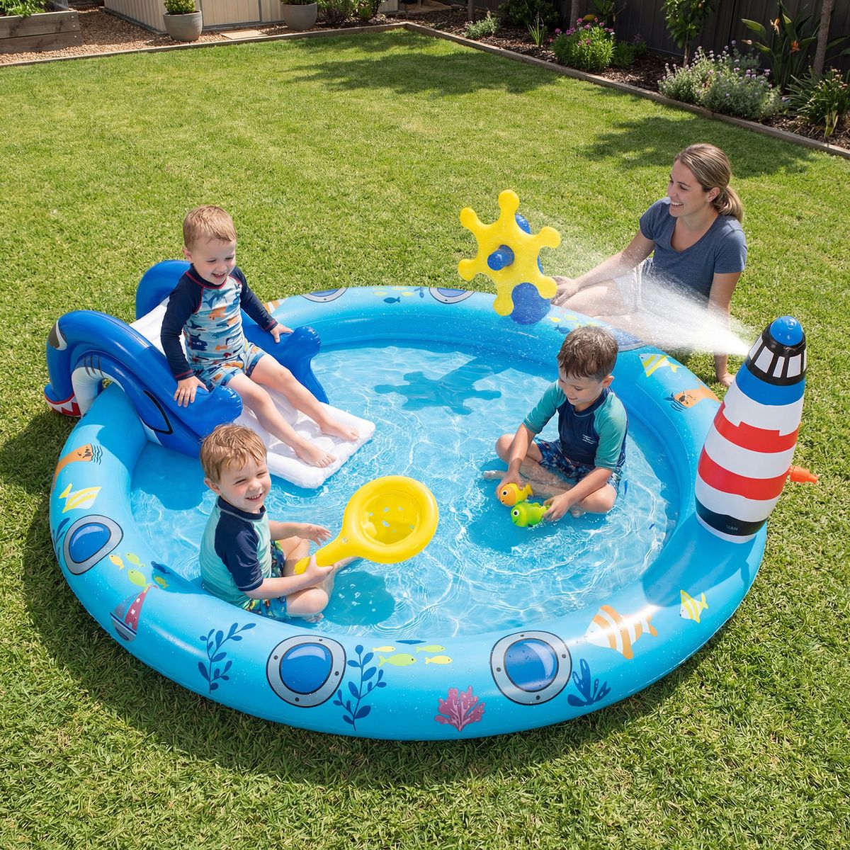 Coast Aufblasbares Kinderplanschbecken – Wasserspielzentrum im Meeres-Design – Haifisch-Rutsche und Sprühdüse – Mehrfarbig 188 x 153 x 63 cm