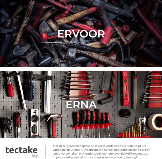 tectake 6-teilige Metall-Werkzeugwand - 240 x 60 cm - Lochblech - Werkzeughalter-Set inklusive Haken - Wandregal-System für Werkbank, Garage, Werkzeug - Werkstattausrüstung - Werkzeugtafel - Stecktafel
