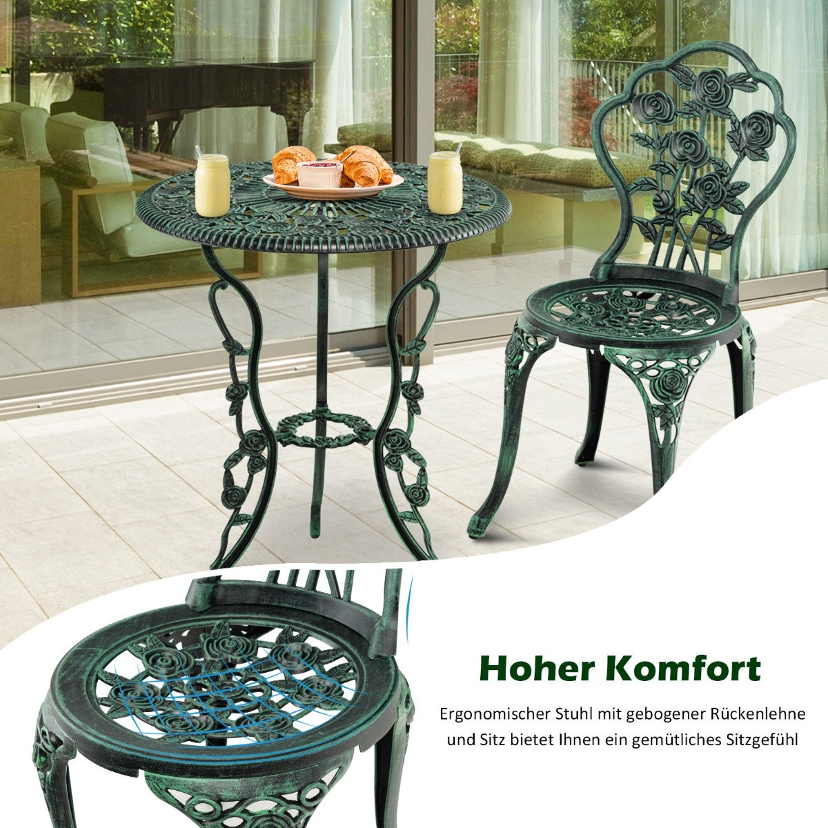 Küste 3tlg. Antikes Bistro-Set Rose Design Sitzgruppe Balkon-Set Garten-Set mit 2 Stühlen