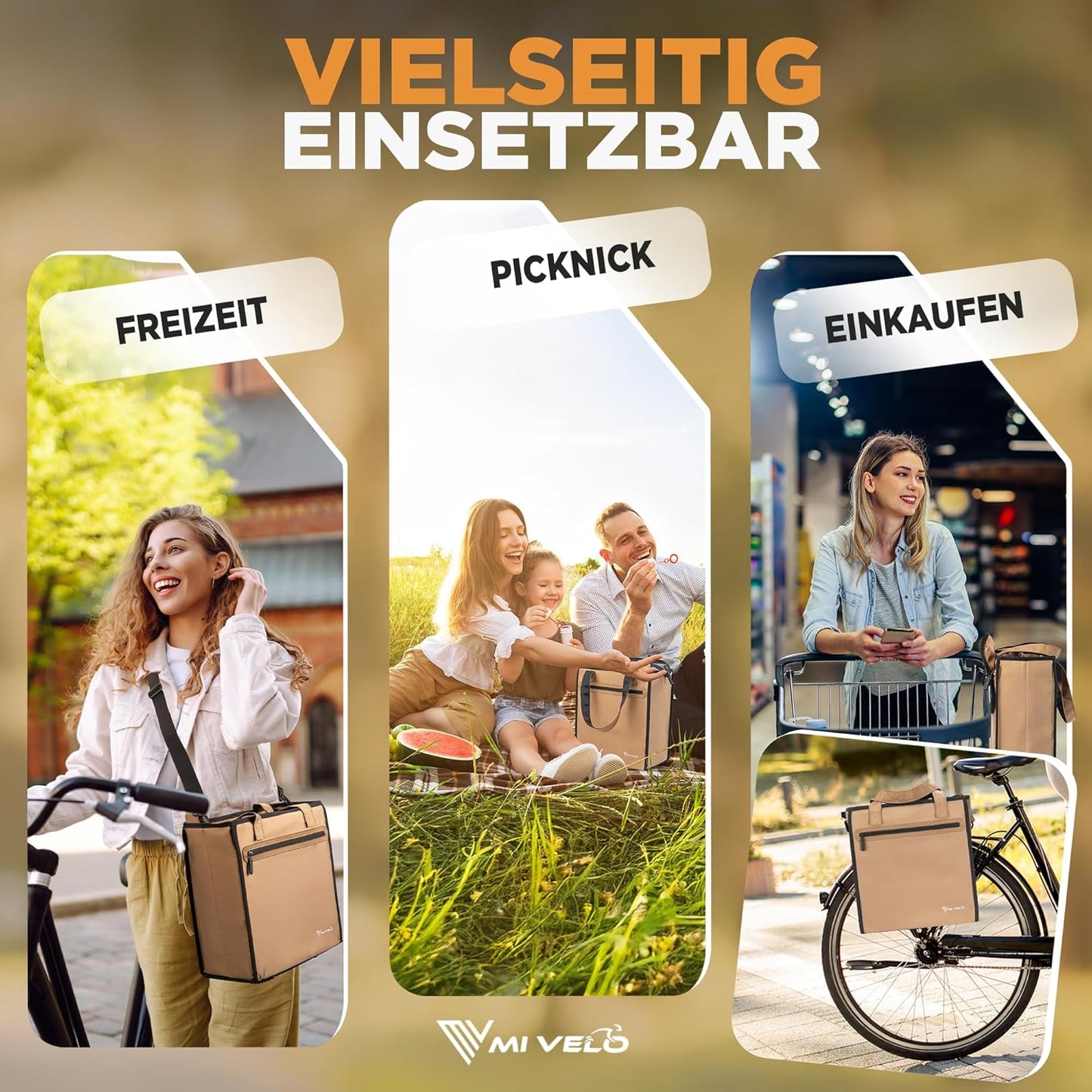 MIVELO Fahrradtasche zum Einkaufen - Inklusive abnehmbarer Kühltasche - 25 Liter - 40 x 30 x 7 cm - Beige