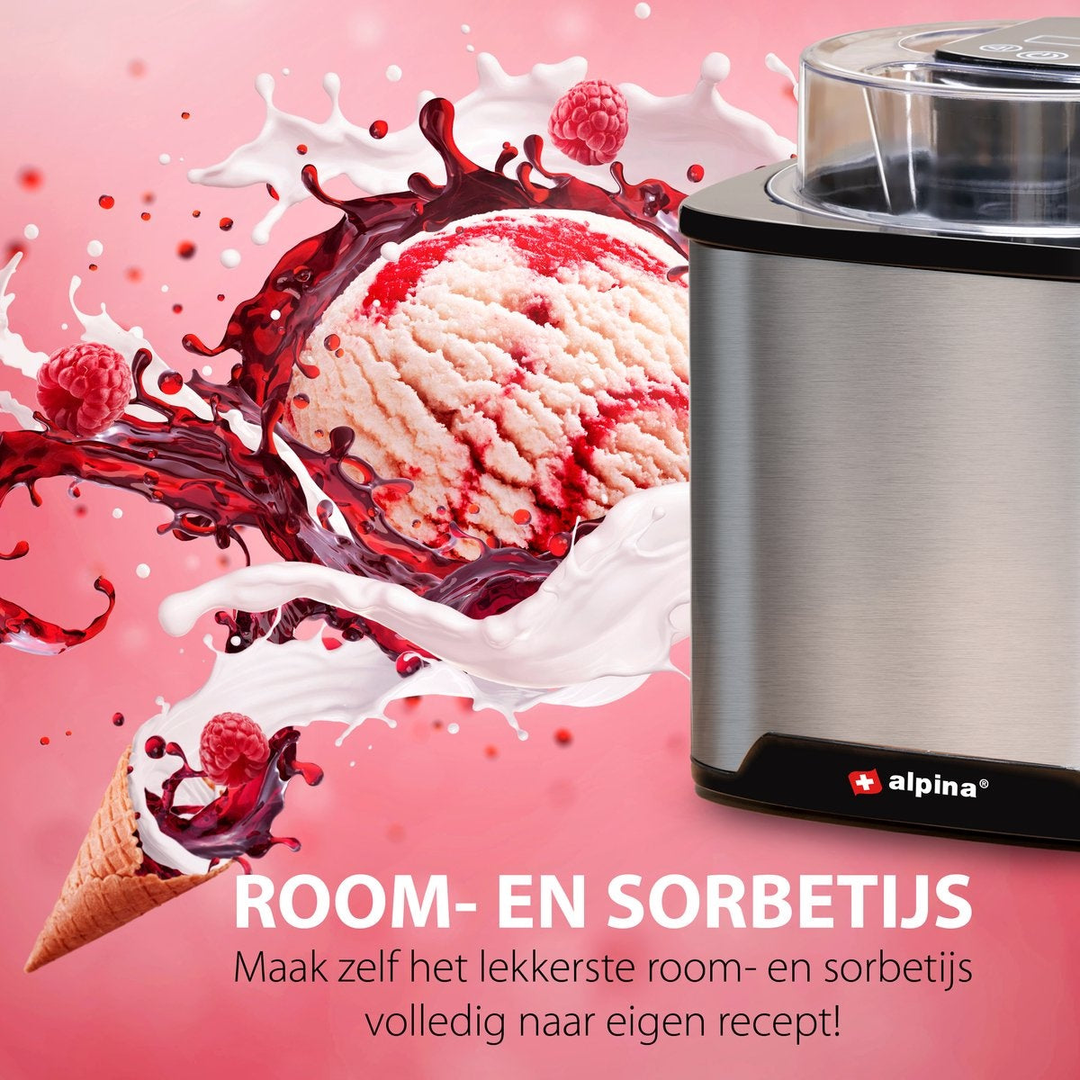 alpina Eismaschine - Eismaschine 2L - Eiscreme, Frozen Yoghurt, Sorbet, etc. - Rostfreier Stahl - Silber