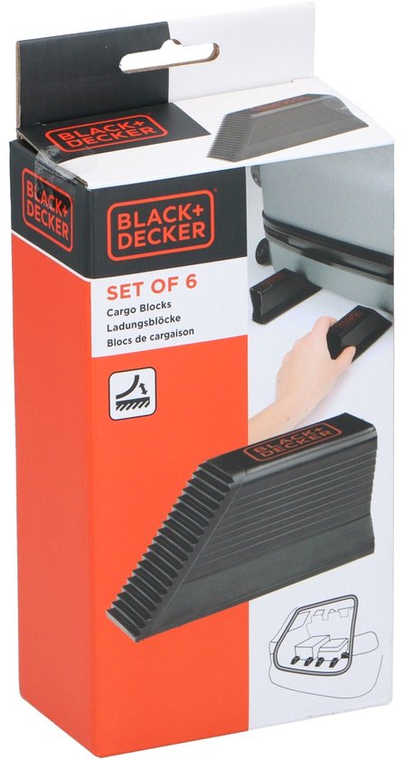 BLACK+DECKER Gepäckhalter-Set, 6-teilig – Kofferraum-Organizer – für Koffer, Umzugskartons, Einkäufe und mehr – Ladungssicherungen – Gepäckklemmen – Kunststoff – Schwarz