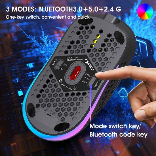 HXSJ T90 2.4G Wireless Gaming Mouse - Bluetooth - Computermäuse - Ultraleicht - RGB-Beleuchtung - Schwarz