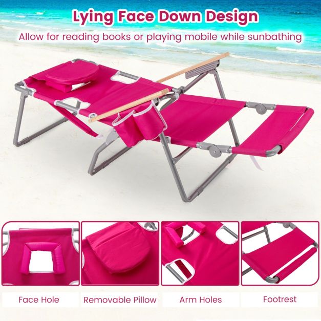 Coast Klappbarer Strandstuhl 66 x 149 x 56 cm – 3-in-1 – Fußstütze/Gesichtsausschnitt – Rosarot