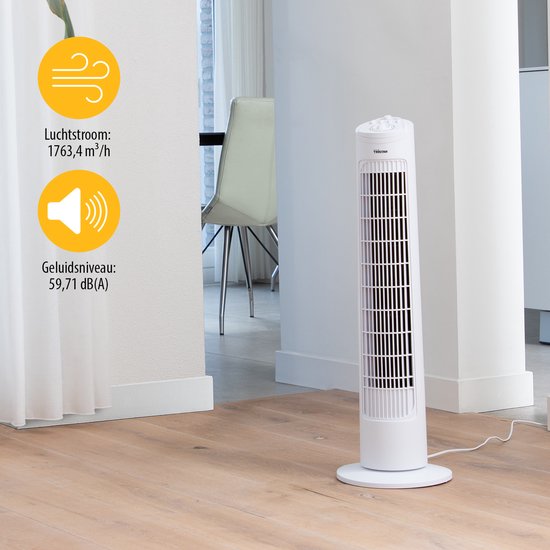 Turmventilator 76 cm – 3 Geschwindigkeitsstufen – Schwenkbar – Timer-Funktion – Kompakt & stilvoll – Tristar VE-5864 – Weiß