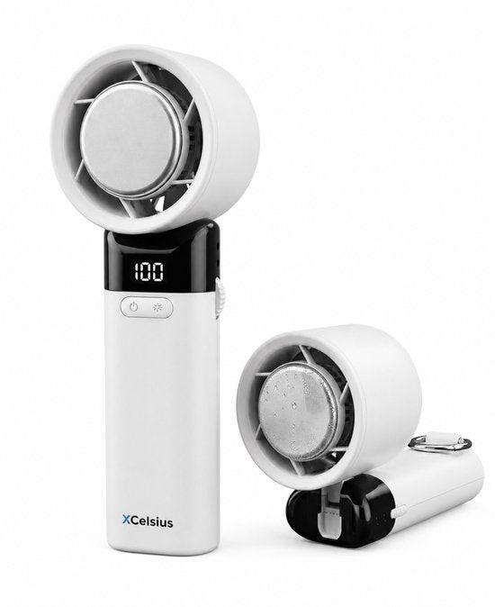 XCelsius® Handventilator – Tragbarer, zusammenklappbarer Mini-Ventilator – Über USB-C aufladbar – Stufenlos von 0 % bis 100 % einstellbar – Mit Sofort-Kühlplatte – Weiß