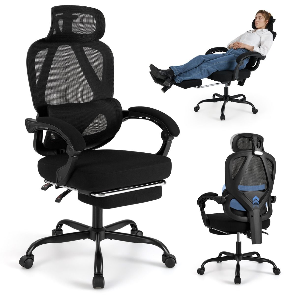 Coast Ergonomischer Bürostuhl – verstellbare Rückenlehne und Kopfstütze – ausziehbare Fußstütze – schwarz