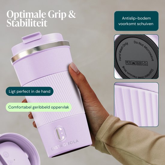 Castagnola Thermosbecher – Kaffeebecher zum Mitnehmen – Reisebecher für Kaffee und Tee – Teebecher – 510 ml – Edelstahl – Hellviolett