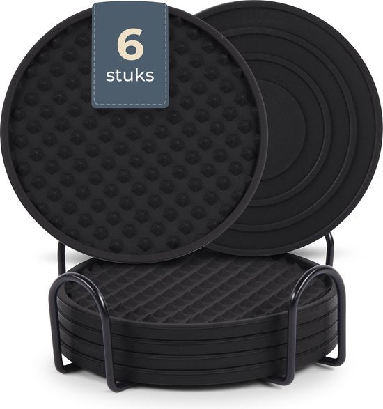 Castagnola Silikon-Untersetzer - Untersetzer für Gläser - Design-Untersetzer mit Halter - Untersetzer-Set - Anti-Rutsch - 6er-Set - Schwarz