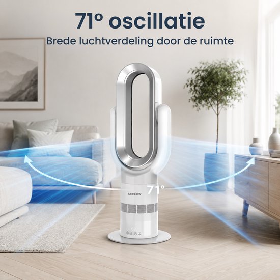 Aironex Swing kabelloser Ventilator mit Heizfunktion – Heizventilator – 2-in-1: Kühlen & Heizen – 10 Stufen – 71° Schwenkbereich – Fernbedienung – Weiß