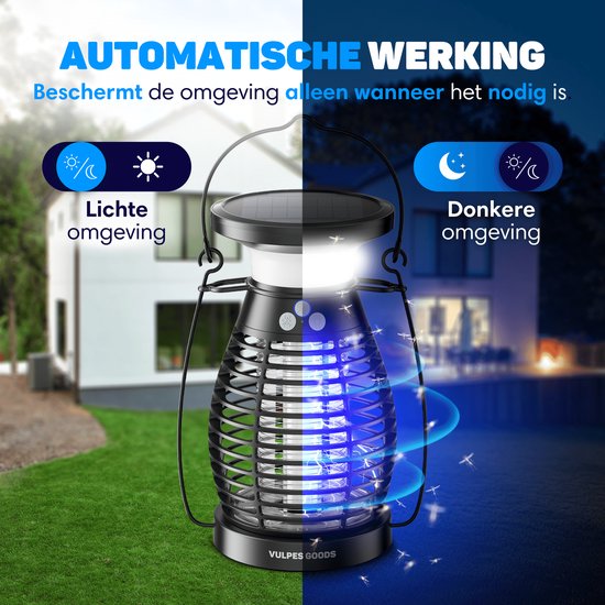 Vulpes Goods® Repellent Mückenlampe PRO - Elektrischer Insektenvernichter - UV-Modus & Nachtlicht - Aufhängbar - Wiederaufladbar & Solar - Wasserdicht - Inkl. Auffangschale & Reinigungsbürste