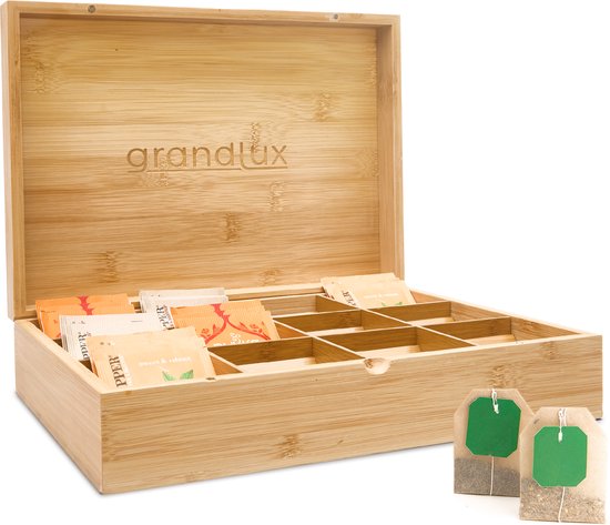 Grandlux Teedose mit 12 Fächern – Geräumige Fächer für Pickwick, Pukka, Twinings, Clipper – 100 % Bambus – Tee-Organizer