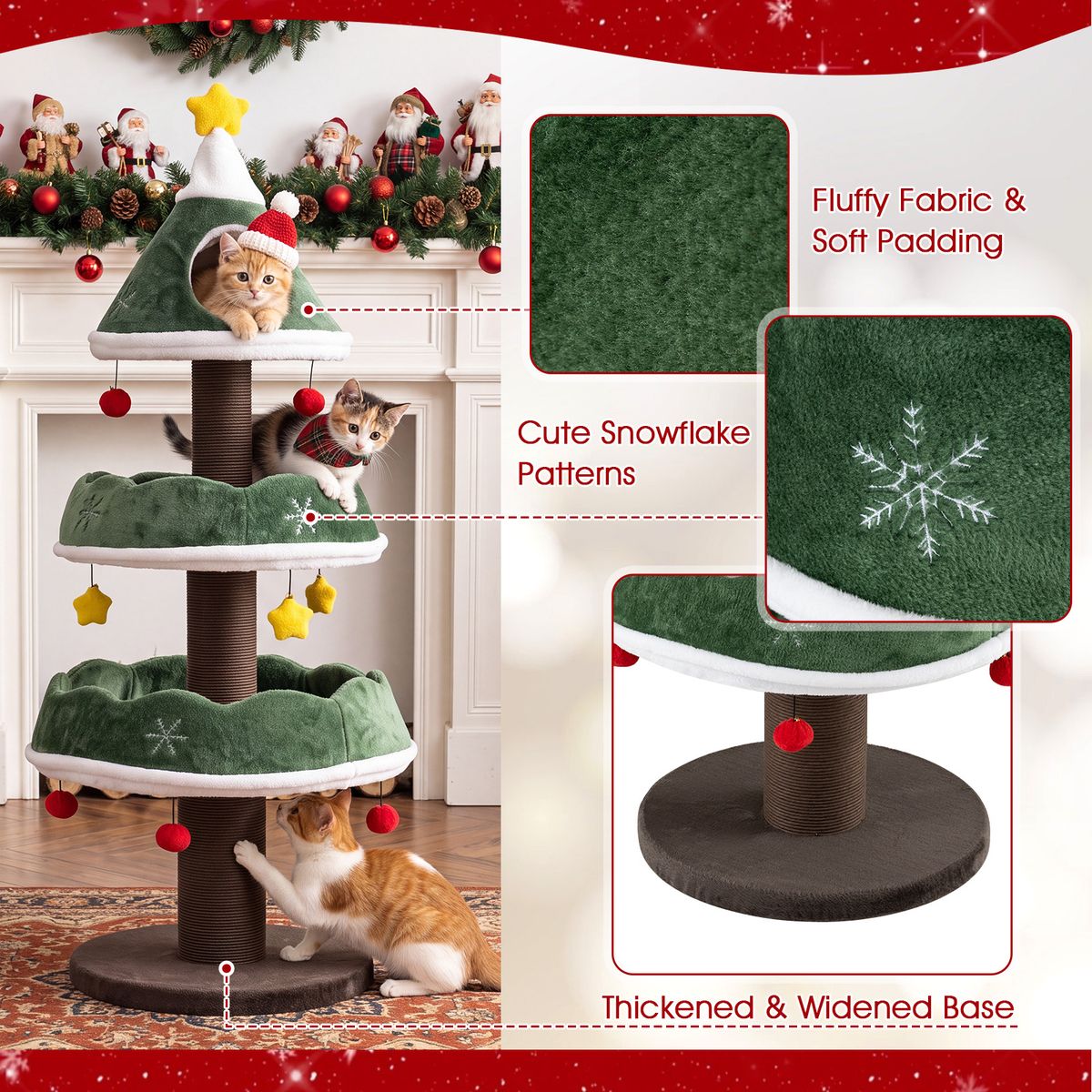 Coast Kratzbaum – Weihnachtsbaum-Design – mit Höhle oben und hängenden Kugeln – grün, 143 cm