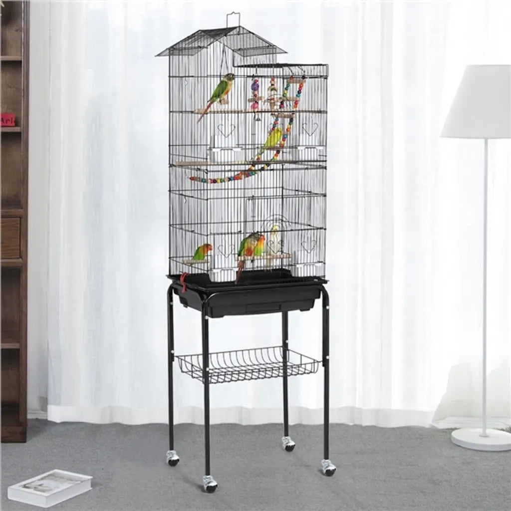 Yaheetech Vogelkäfig XL – mit Ständer/Rollen – 46 x 35,5 x 158,5 cm – Schwarz